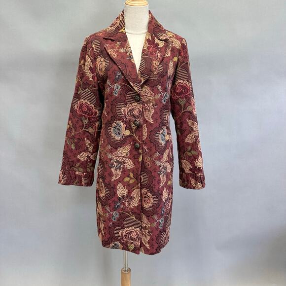 CAbi burgundy Jacobean burgundy floral jacquard tapestry long jacket Size 14 - Picture 16 of 16